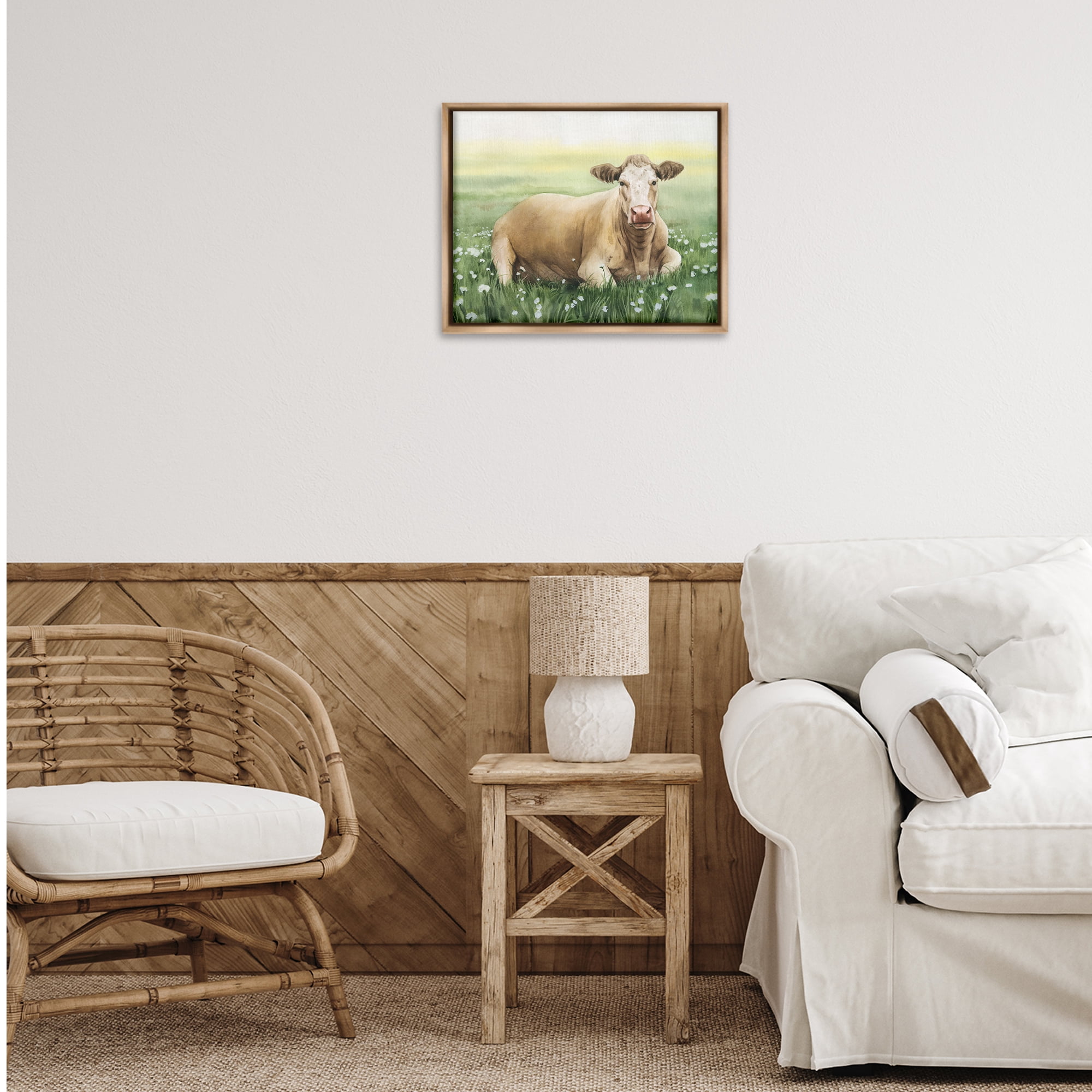 Stupell Industries Resting Beige Cow Animals & Insects Painting Brown Floater Framed Canvas Art Print Wall Art, 21 x 17