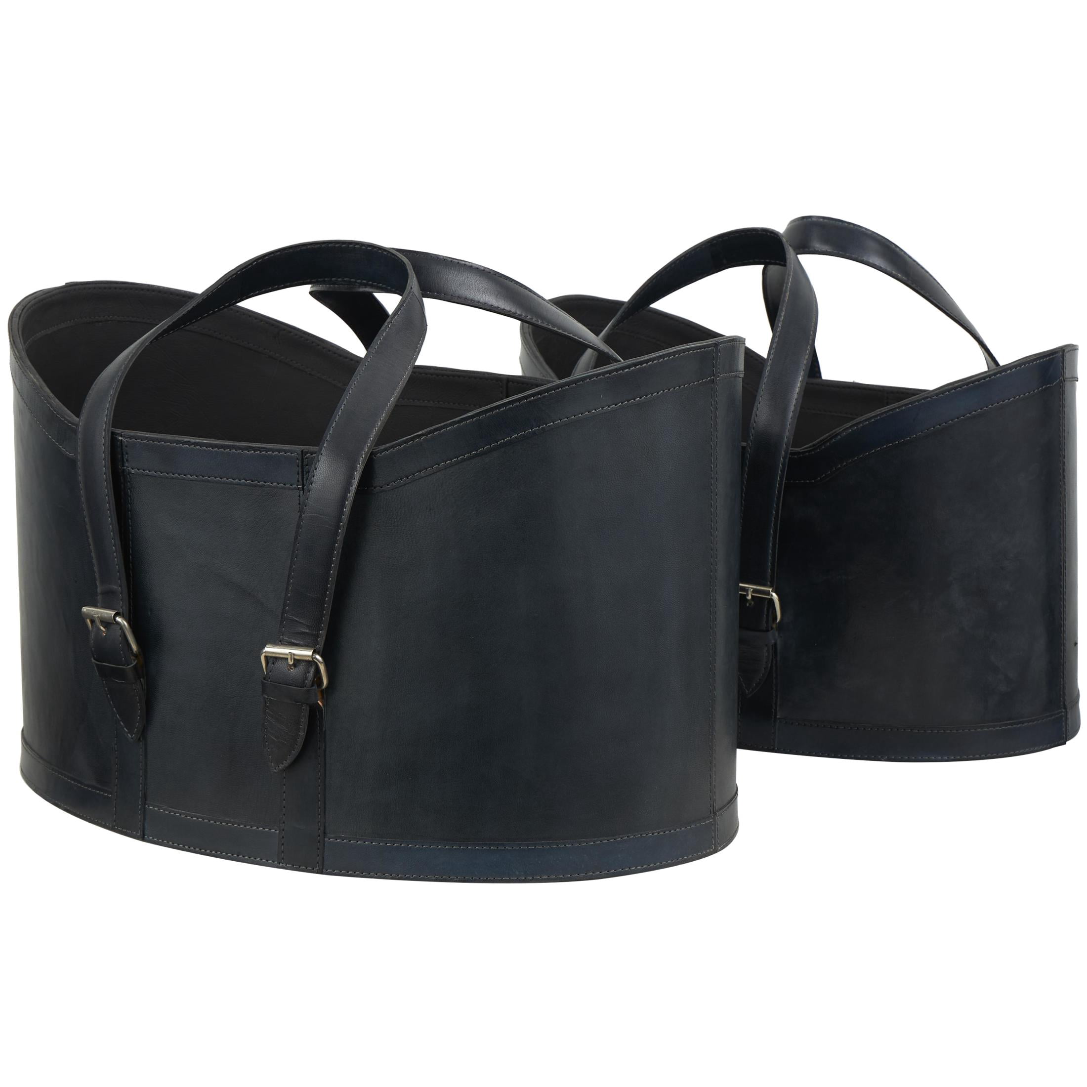 DecMode 21", 19"W Dark Blue Leather Handmade Magazine Holder with Handles (Set of 2)