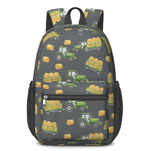 Tractor and Haybales Gray Pattern 17" School Backpacks for Teens,Waterproof Oxford Fabric,S-Shape Padded Straps for School,Travel,Hiking,Camping