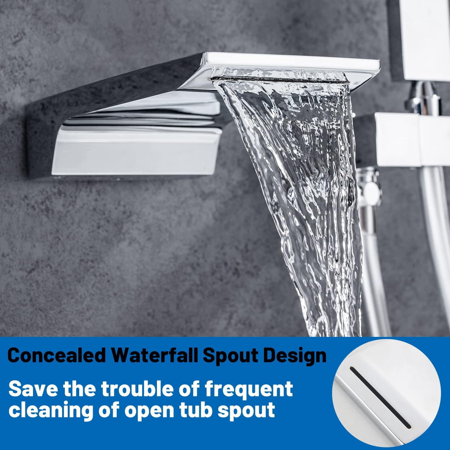 ABCISI Waterfall Tub Spout, Wall Mount Waterfall Bathroom Bathtub Tub Faucet Replacement, Roman Tub Filler Faucet Stainless Steel Solid Bath Tub Sprayer, High Flow Shower Spout, Chrome
