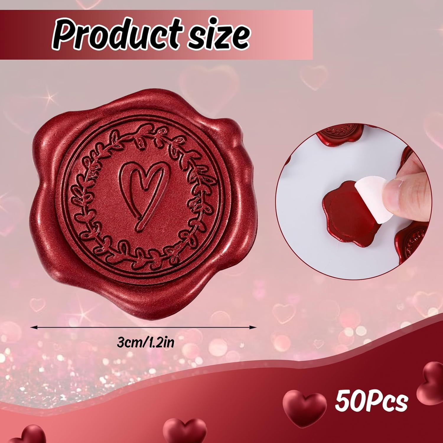 50Pcs Valentine's Day Embossed Wax Seal Stickers Wine Red Heart Pattern Envelope Seal Decals Self-Adhesive Stamp Sticker for Wedding Invitations Greeting Cards Supplies DIY Craft, 1.2 Ih