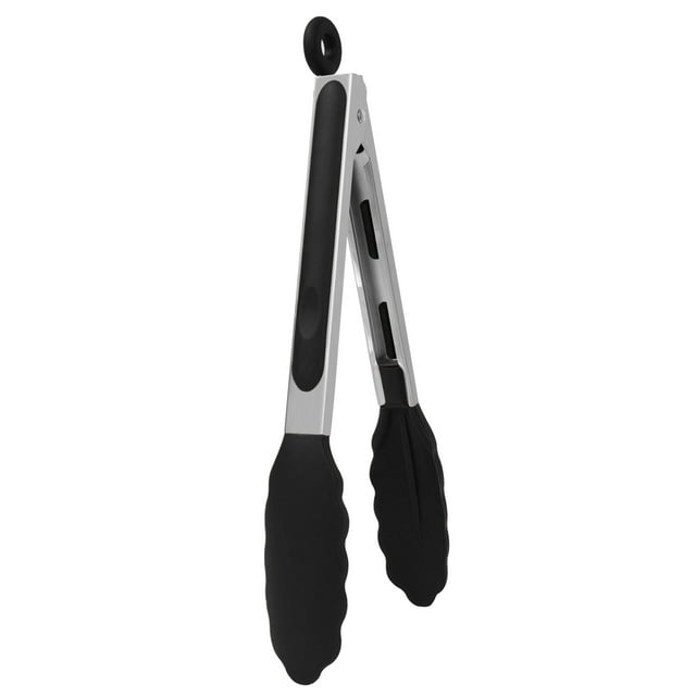 Cocina Pinzas Inoxidable Acero BBQ Cocinar Asador Antiadherente Bloqueo Comida Pinzas Con Silicona Punta Calor Resistente Negro 9 "