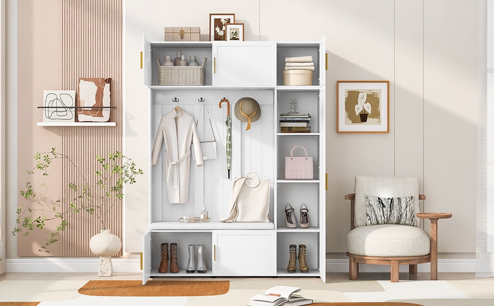 Mintazer All‑in‑One Hall Tree with Cushioned Shoe Bench & Hooks, Entryway Storage Organizer with Cabinets & Open Shelves for Mudroom Hallway, White