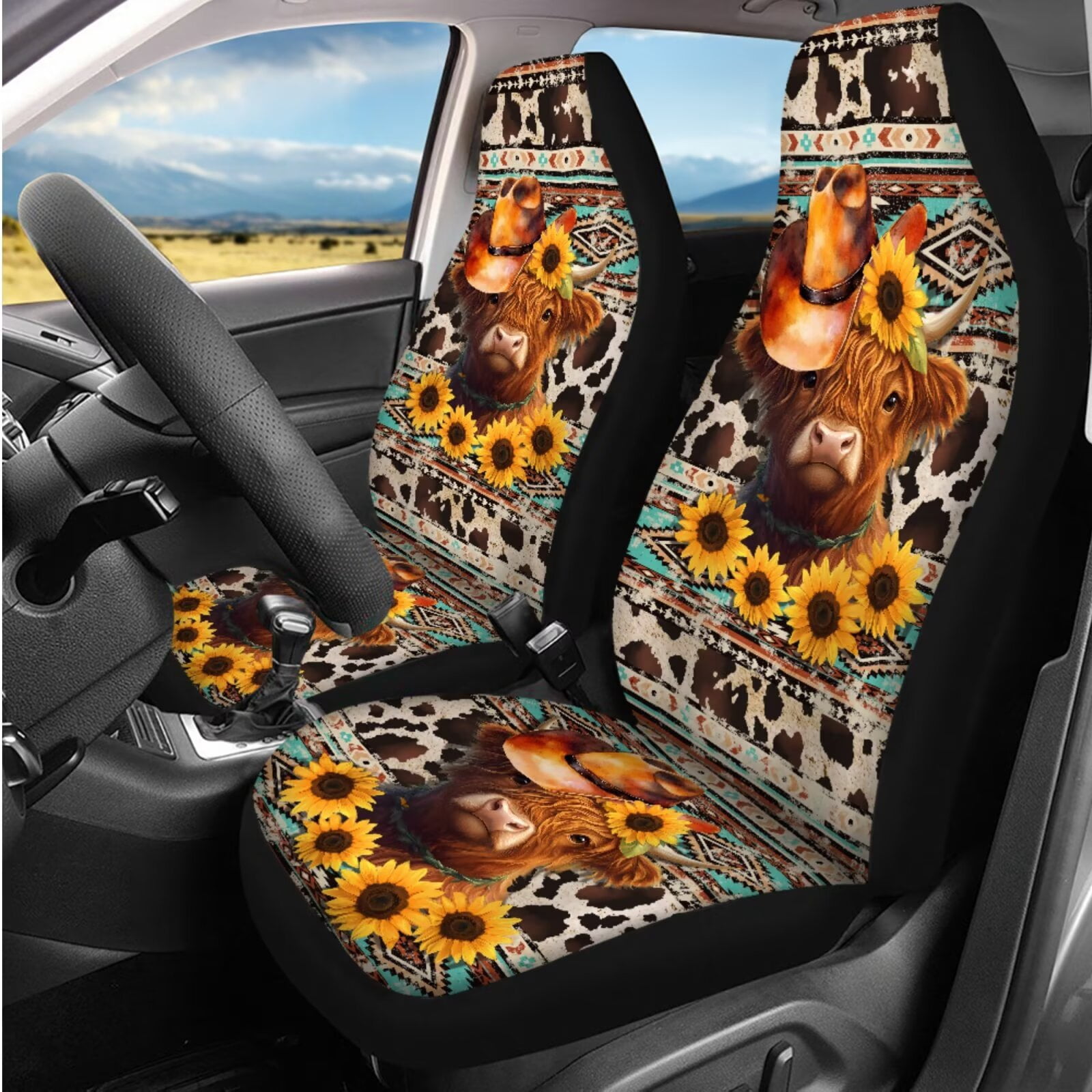 Garronmavis Aztec Highland Cow Car Seat Covers Set 14 Pack Head Rest Protector Car Steering Wheel Cover Auto Armrest Cover Seat Belt Covers Keychain and Coaster Universal Size Fit for Cars SUV