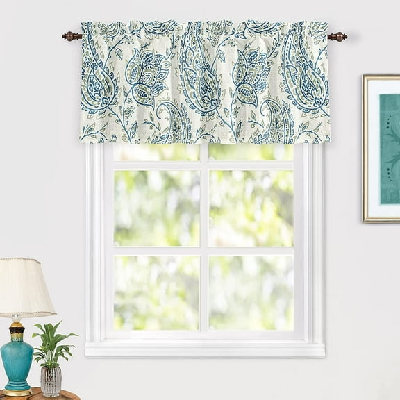 DriftAway Jacob Linen Blend Blackout Valance for Kitchen 18 Inch Length Scroll Floral Paisley Printed Lined Rod Pocket Room Darkening Window Curtain Valance for Living Room 52x18 Inch Blue Green