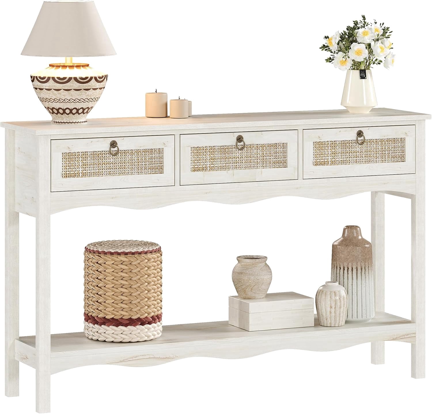 LAZZO 51” Boho Rattan Console Table, Narrow Entryway Table with 3 Drawers & Open Shelf, White
