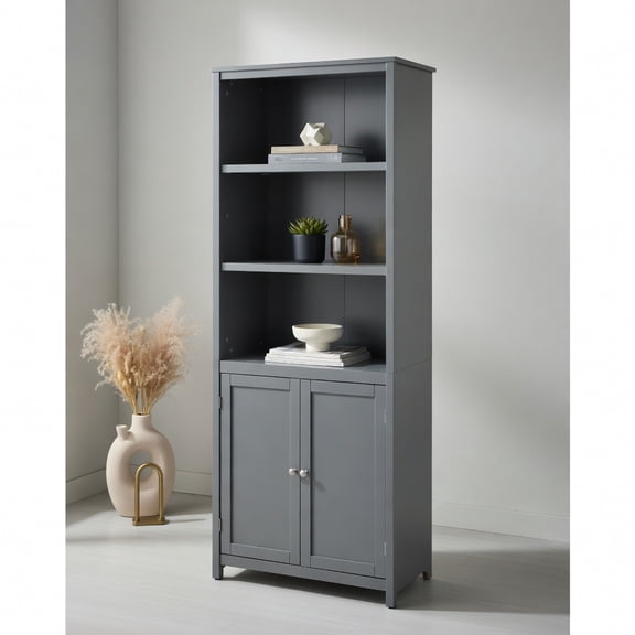 GVN Bookcases,Bookcase Shelving Storage Wooden Cabinet Unit Standing Display Bookcase with Doors-Gray