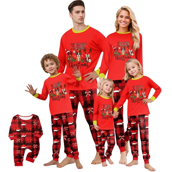Family Matching Christmas Pajamas, Merry Christmas Letter Print Long Sleeve Tops with Plaid Pants, Holiday Sleepwear for Family