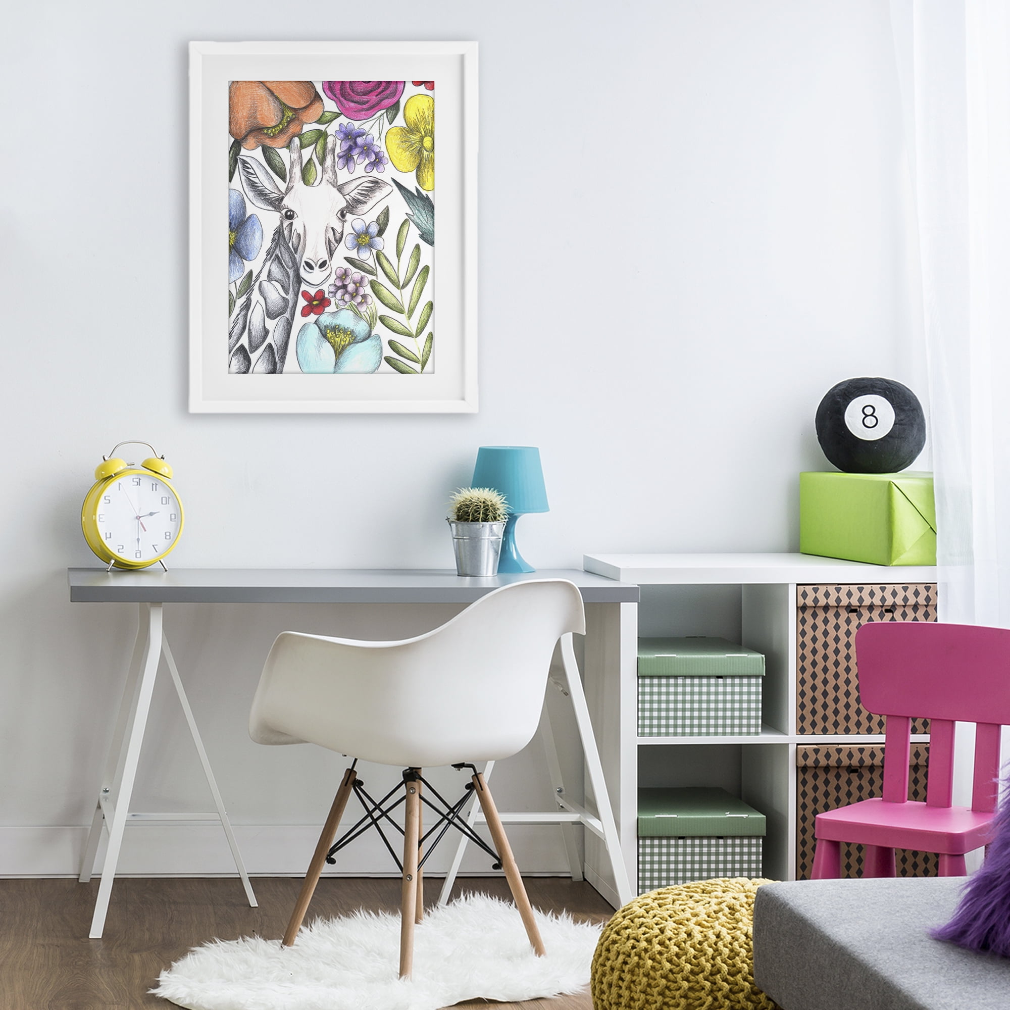 Giraffe In The Midst of Flowers White Framed Print Under Glass, design by Cecilia Battaini
