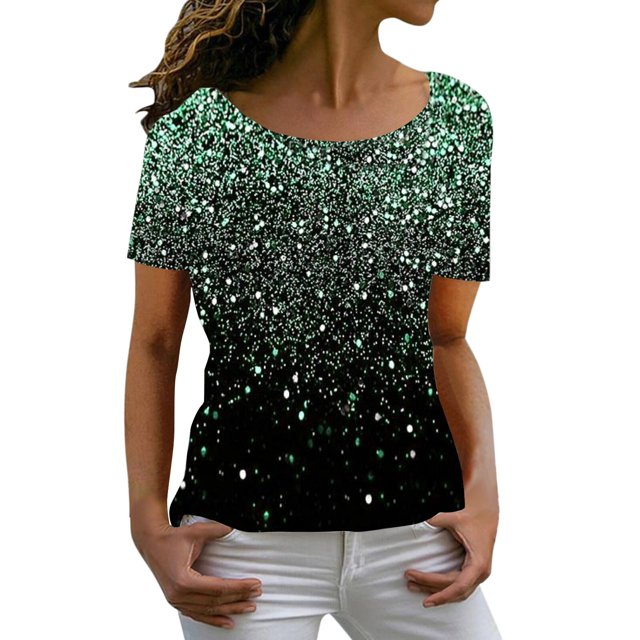 Prolriy Hauts d'Été pour Femmes 2025 Printemps Col Rond Imprimé Cristal Brillant T-Shirt Décontracté à Manches Courtes Vert XXXXXXL