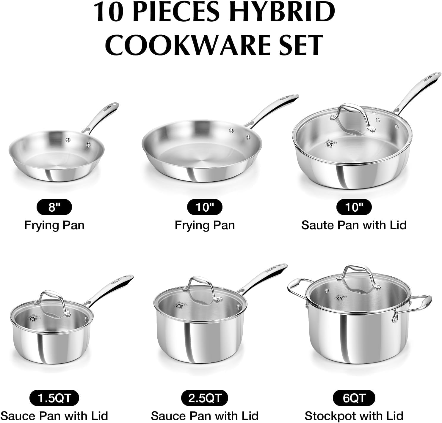 Koch Systeme CS Tri-Ply Stainless Steel Cookware Set, 10-Piece Pots and Pans Set with Glass Lids, Induction Compatible