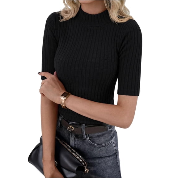 Women’s Ribbed Knit Mock Neck Short Sleeve Top Fitted Pullover Stretch Slim Casual Basic Blouse Tee Shirt Black XL
