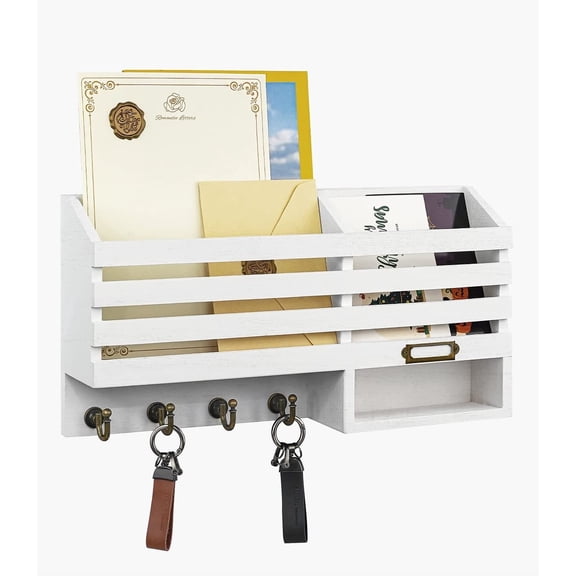 Key Holder for Wall,Dinosam Double Mail Organizer Wall Mount with Store Shelf and 4 Sturdy Hooks,Hanging Key Rack Hanger for Entryway, Hallway, Bedroom, Living Room and Office,White