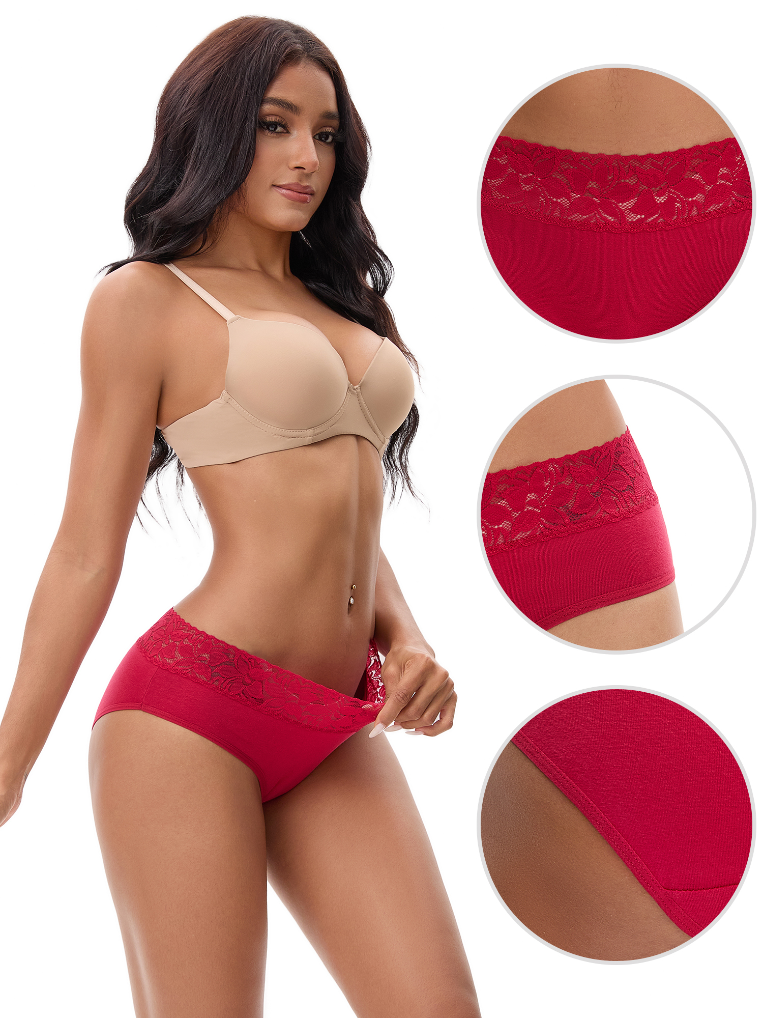 Unique Bargains Lace Mid Rise Briefs Underwear 2XL Red