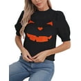 thumbnail image 3 of Pumpkin Ghost Face Graphic Sweaters for Women Halloween Day Crew Neck Pullover Sweater Cute Puff Short Sleeve Juniors Girls Sweater Blouse Shermie, 3 of 6