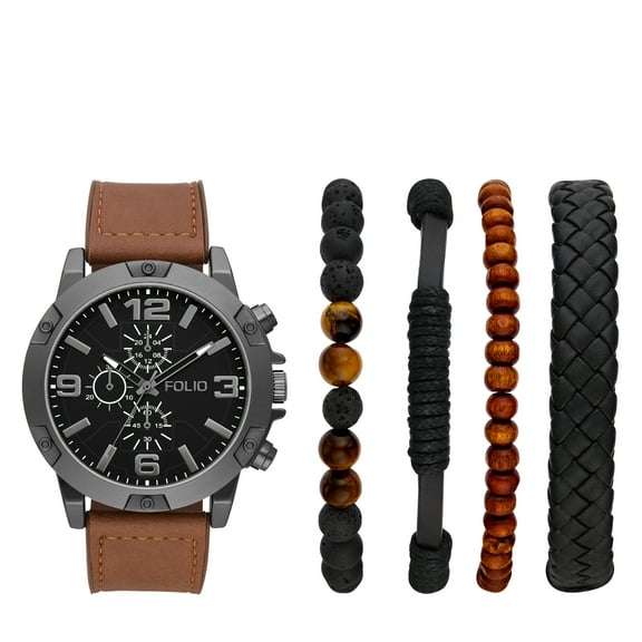 Folio Men's Three-Hand, Gunmetal Alloy Watch and Bracelets Gift Set