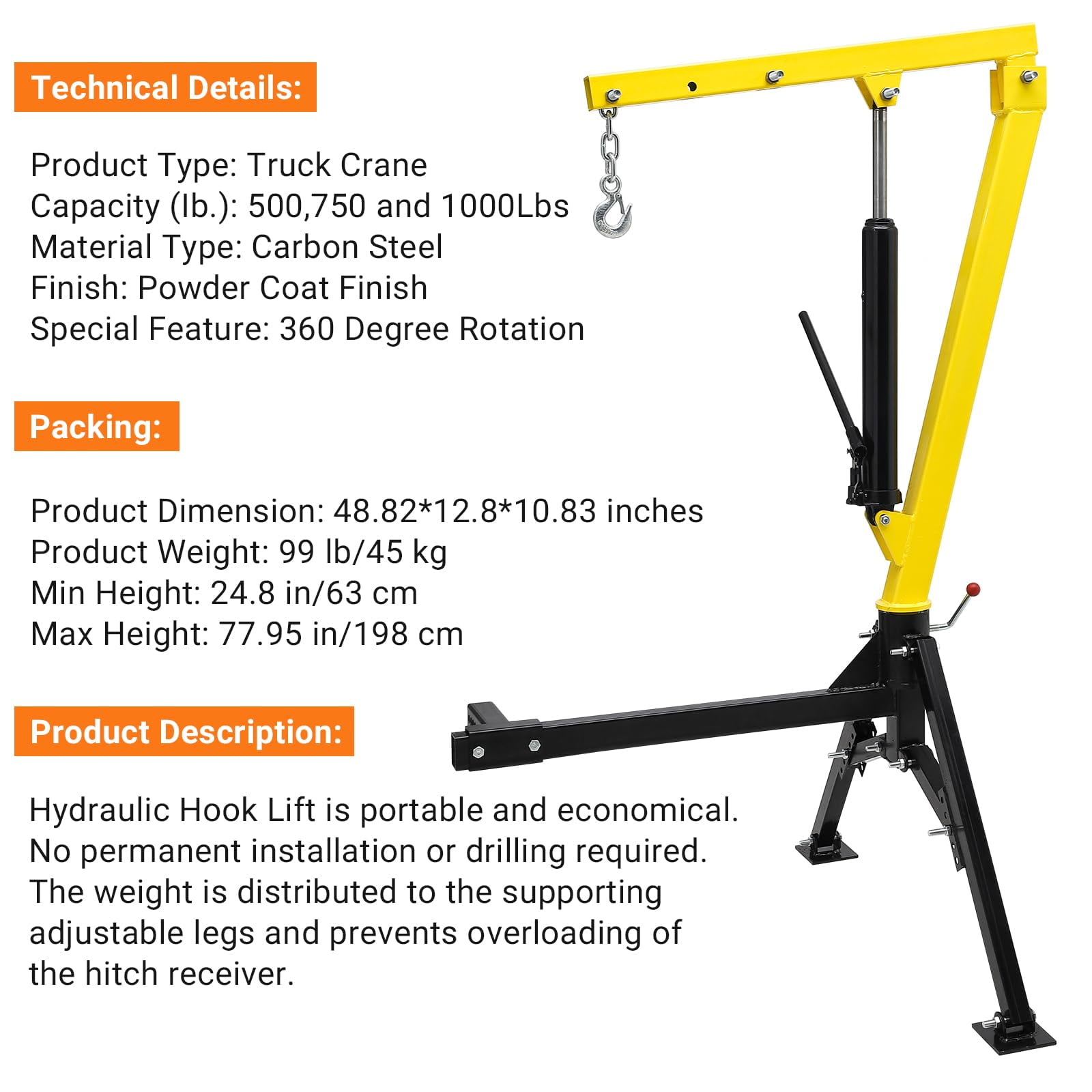 Garvee Hydraulic Pickup Truck Crane, 1000 lbs Capacity, 360°Swivel, Hitch Mounted Crane with 3 Adjustable Capacities of 500 Lbs, 750 Lbs and 1000 Lbs for Lifting Goods in Construction, Industry