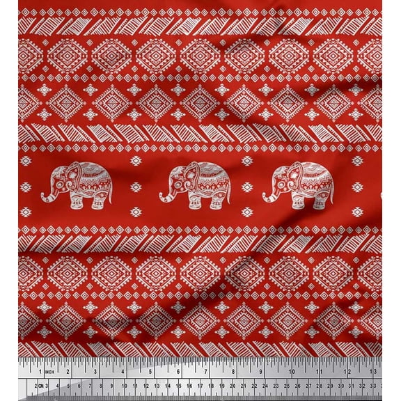 Soimoi Silk Fabric Aztec & Tribal Elephant Animal Printed Fabric 1 Yard 42 Inch Wide