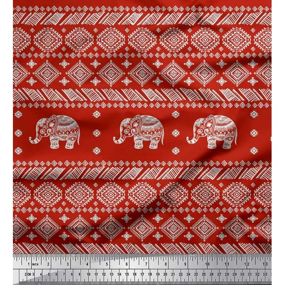 Soimoi Moss Georgette Fabric Aztec & Tribal Elephant Animal Printed Fabric 1 Yard 42 Inch Wide