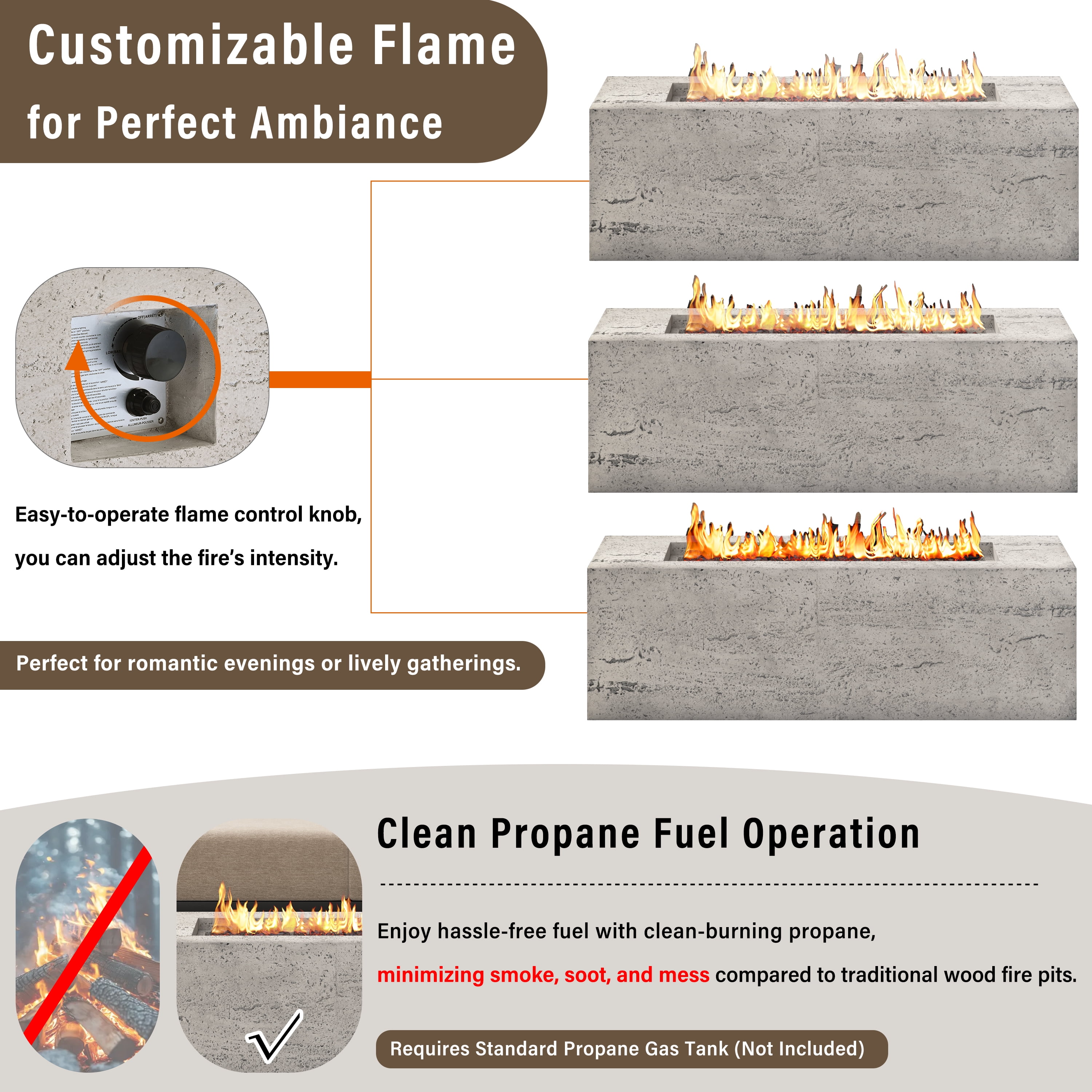 Harper & Bright Designs Outdoor Rectangular Propane Fire Pit 40000 BTU, 41.9''MGO Patio Heater with Stainless Steel Burner and Free Lava Rocks, Waterproof Cover for Courtyard, Beige+Grey