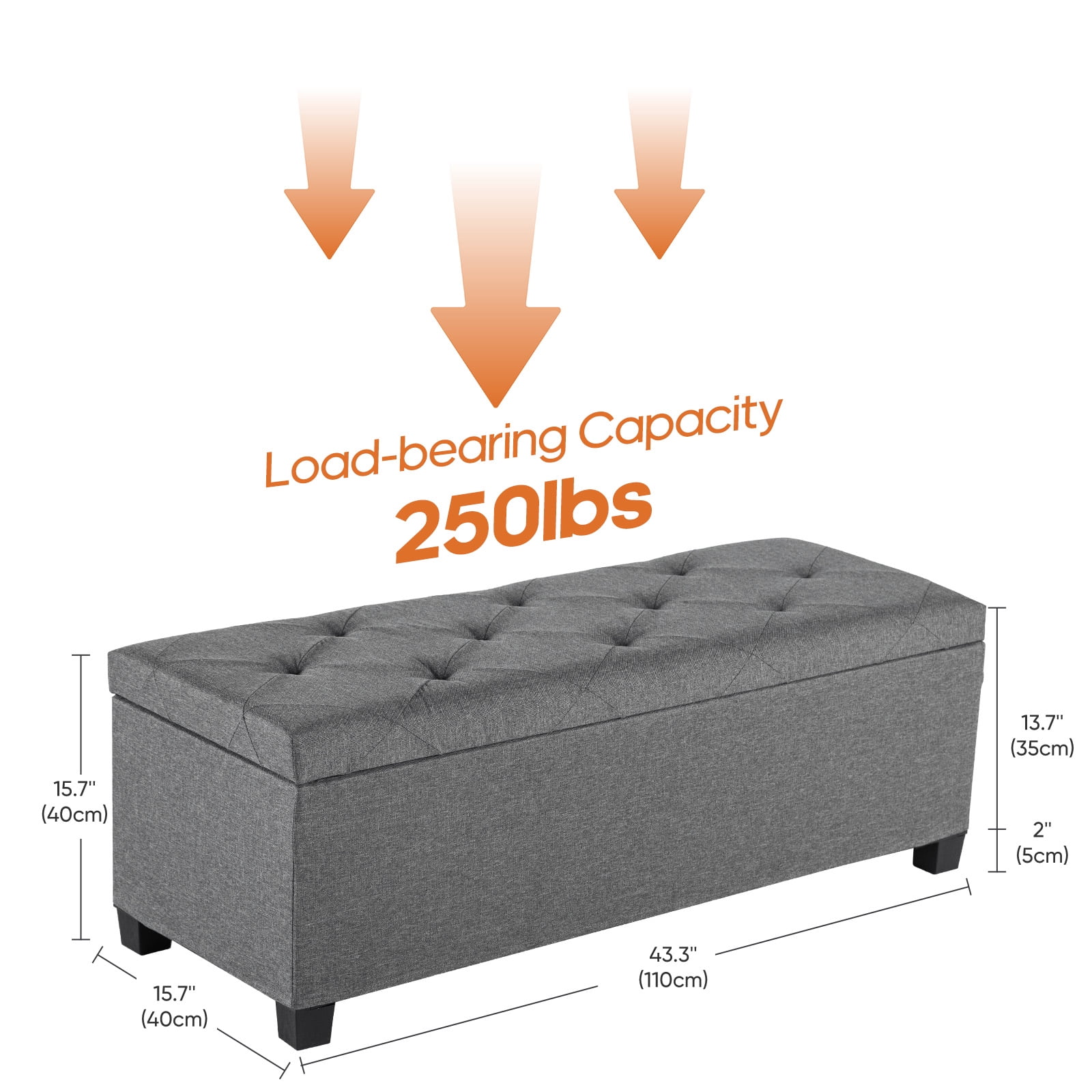 CONCETTA Versatile Storage Ottoman Bench, Tufted Upholstered End of Bed Chest, Foot Rest with Legs, Ample Capacity for Living Room, Entryway, Dark Gray