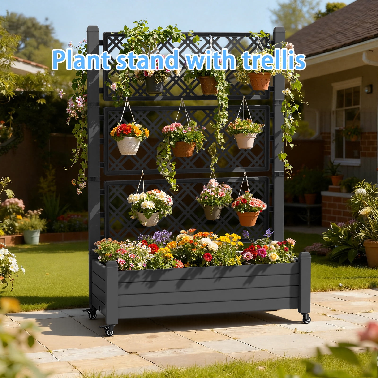 EasyUp Raised Garden Bed with Trellis for Climbing Plants,Outdoor Herb Garden Planter with Drainage Plug and Gauge,Durable Dust-Proof Resin for Garden, Patio, Balcony, and Backyard.Father's Day Gift