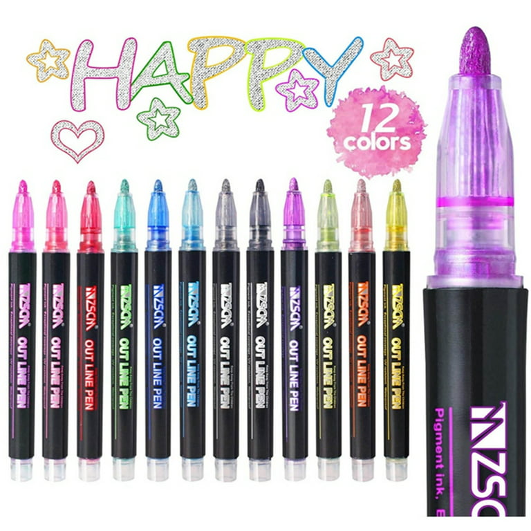 Outline Metallic Marker Pens, 12 Colors Double Line Paint Permanent Marker Pens, Office Supplies, 12 Color/Set