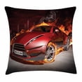 thumbnail image 1 of Cars Throw Pillow Cushion Cover, Red Sports Car Burnout Tires in Flames Blazing Engine Hot Fire Smoke Automobile, Decorative Square Accent Pillow Case, 20 X 20 Inches, Red Black Orange, by Ambesonne, 1 of 2