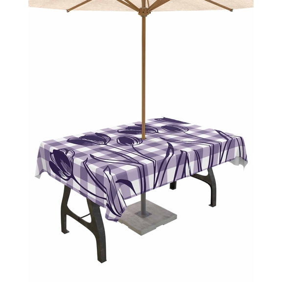Outdoor Tablecloth with Umbrella Hole for Patio/Picnic/Party/Camping, Purple Flower Waterproof Table Cloth Rectangle Table Cover Washable, Tulip Floral Country Plaid Checkered 60"x 102"