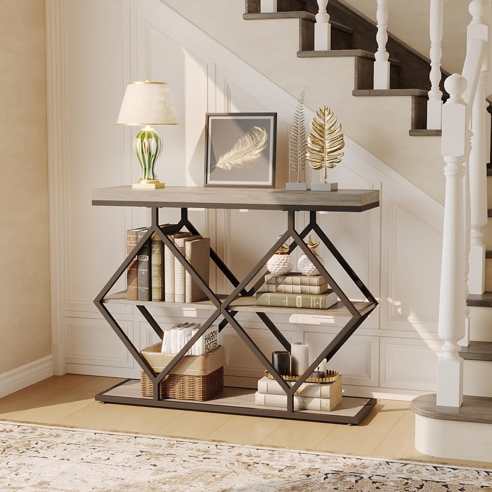 Litake 3-Tier Entryway Table, Industrial Console Sofa Table with Storage, Accent Table with Open Shelves, Diamond-Shaped Metal Frame, Foyer Table for Entryway, Hallway, Grey