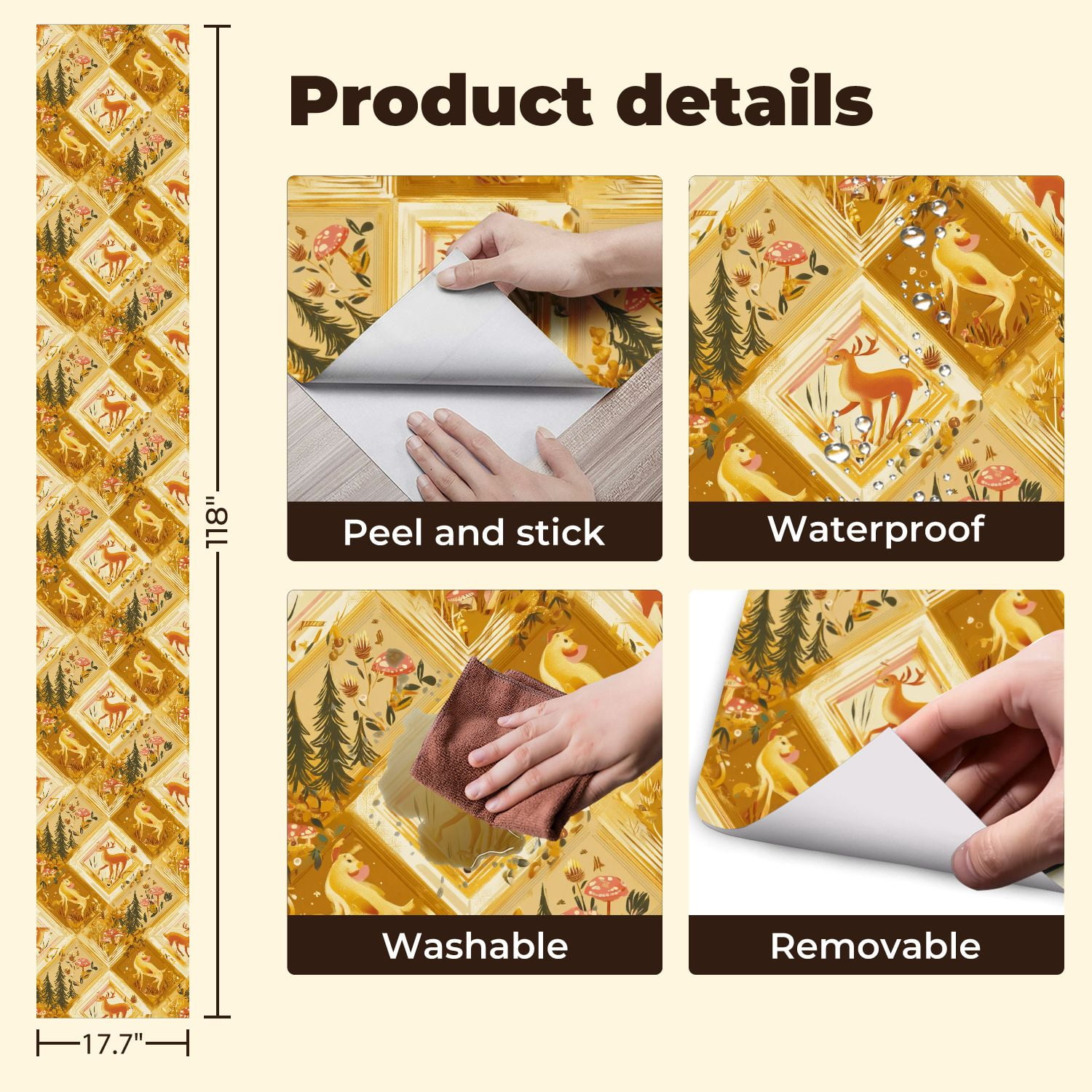 Hunt Peel and Stick Wallpaper 17.7in x 9.8ft Whimsical Forest Animals Deer Dog Mushrooms Golden Contact Paper Vinyl Waterproof Self Adhesive Wall Paper for Bedroom Shelf Cabinet Renter Friendly