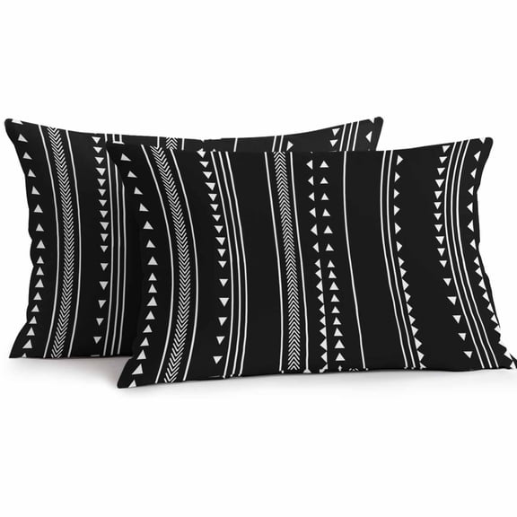 Outdoor Throw Pillows Covers 12X20 Set of 2 Waterproof Abstract Boho Decorative Zippered Cushion Covers for Patio Furniture, Minimalist Black White Striped Triangle Lumbar Pillowcases