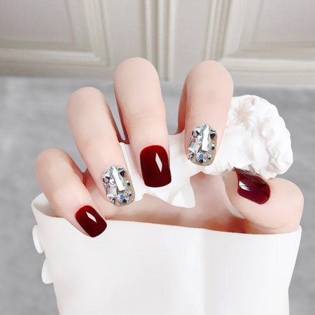 24pcs Wine Red Glitter Diamond Wear Short Paragraph Fashion Manicure Patch False Nails Save Time Wearable Nail Patch Walmart Canada