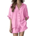 thumbnail image 2 of FengLS Women's Fashion 2 Piece Sets Lapel Collar Button Down Shirt & Short Pants Sets Cotton Linen Lightweight Breathable Sets for Daily Outdoor & Casual Home Wear, 2 of 9