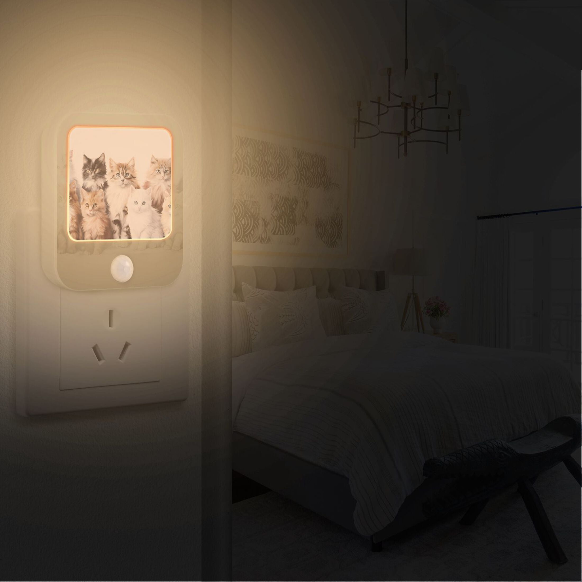 Cats White Night Lights Plug into Wall LED with Auto Light Sensor Warm Light for Kids Hallway Bedroom Living Room Kitchen Bathroom Set of 2