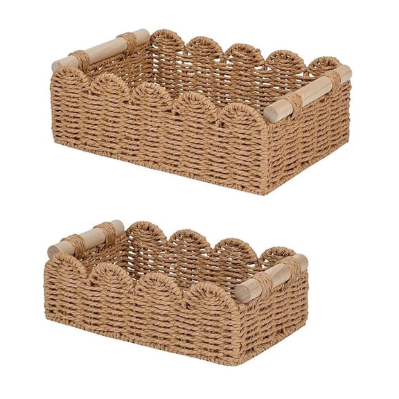 Yucurem Wicker Storage Basket with Wooden Handles, Wicker Toilet Basket for Tank Topper, Hand Woven Rattan Organizer Bin for Bathroom Home