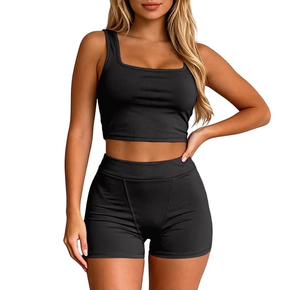 OOOUM Women 2 Piece Workout Set Square Neck Crop Tank High Waist Biker Shorts Outfit Ladies Stretchy Athletic Sports Yoga Tracksuit Black L