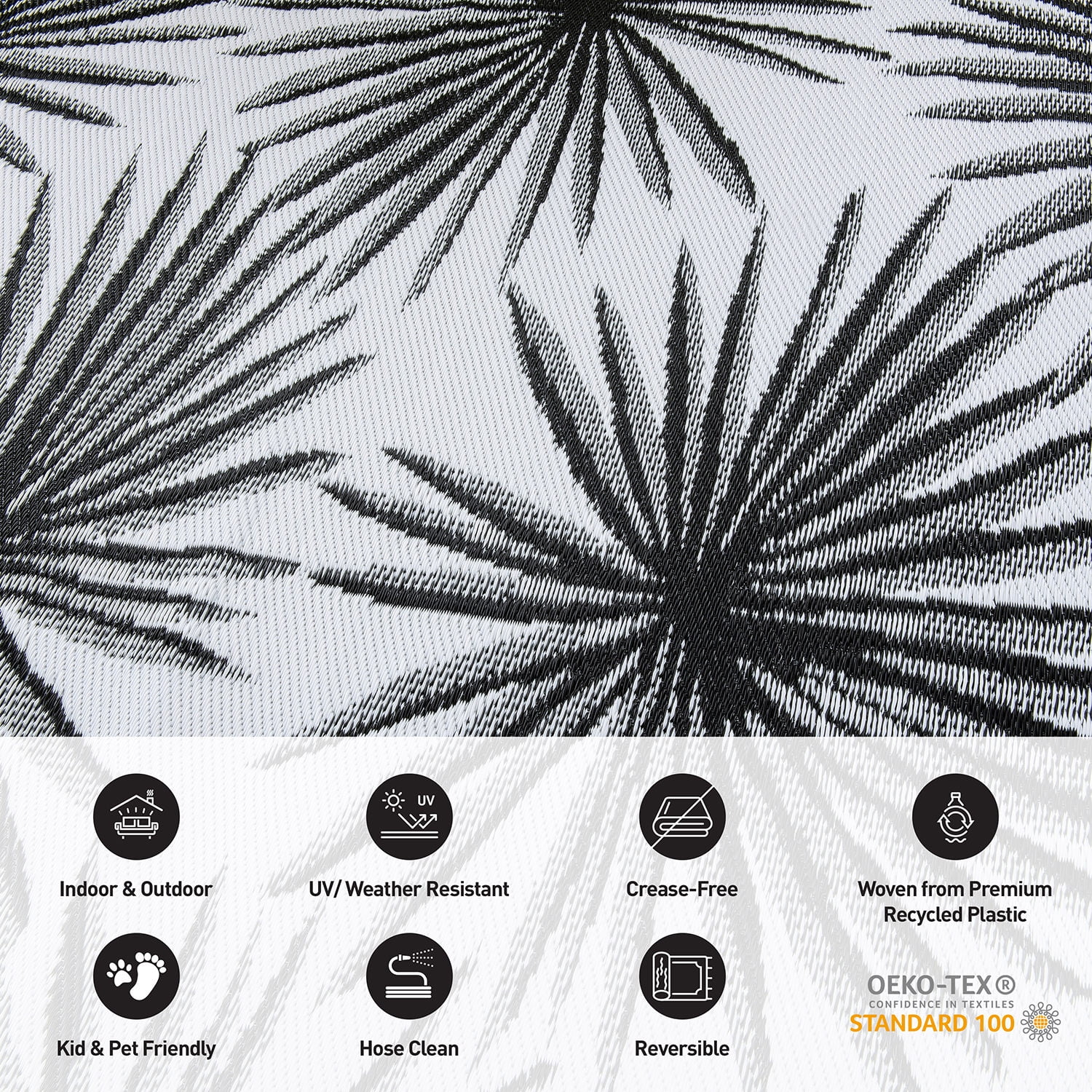 World Rug Gallery Floral Tropical Reversible Recycled Plastic Outdoor Picnic Mat, Camping Rug, RV Rug - BLACK 5'x7'