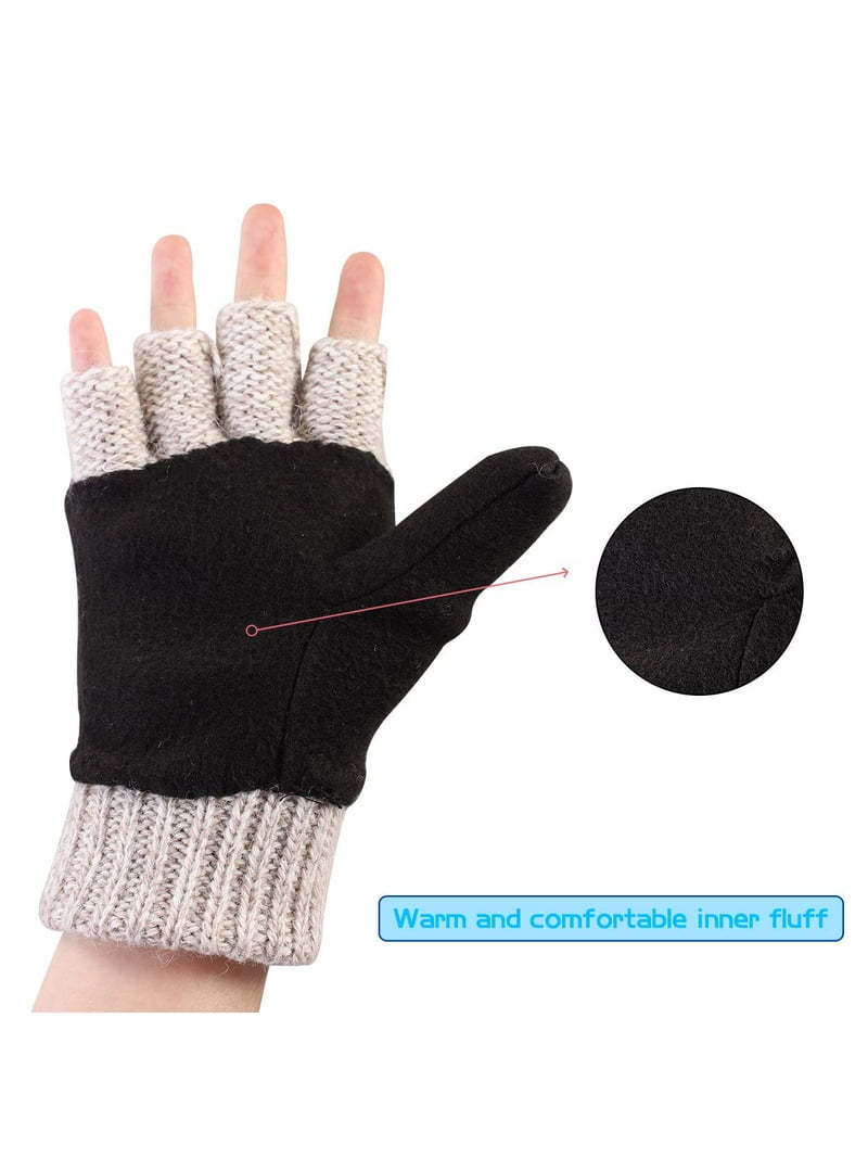 Cooplus Winter Wool Mittens, Fingerless Convertible Gloves, Warm