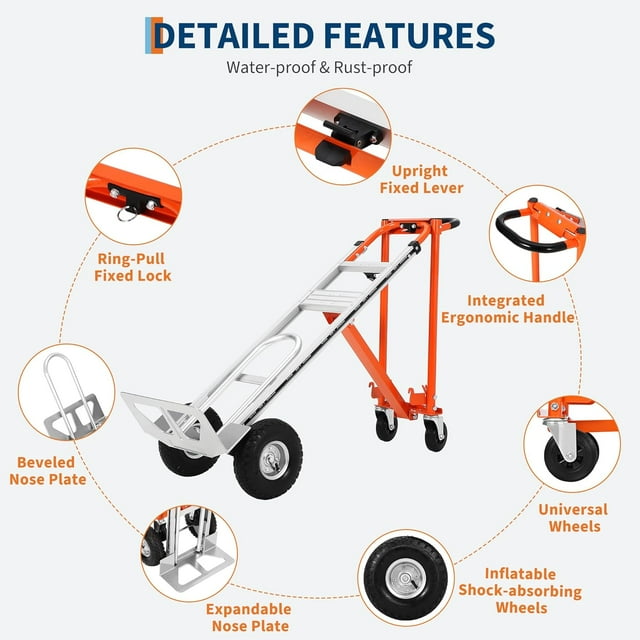 Ourlova Diable Convertible 3-en-1 - Chariot Pliant Capacité de 770 Lb avec Roues et Sangles Élastiques