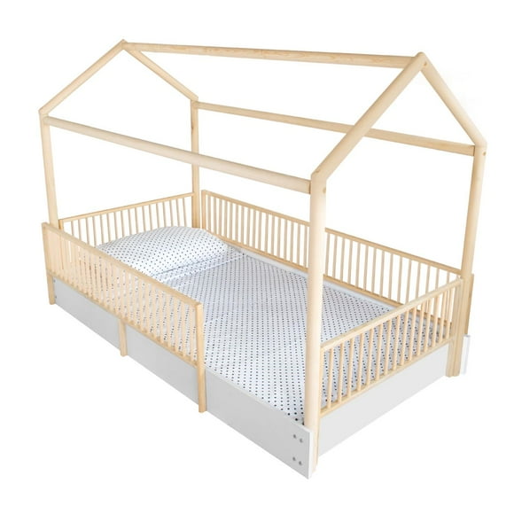 Cama Casa Con Barandales De Madera Individual Blanca - Duduk