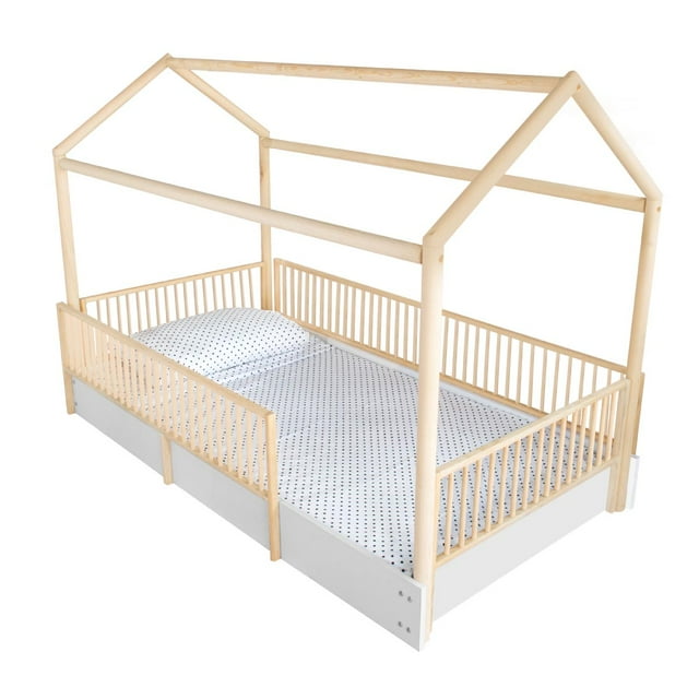 Cama Casa Con Barandales De Madera Individual Blanca - Duduk
