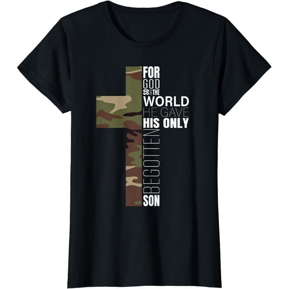Green Camo Christian Cross Bible Verse Gifts John 3:16 T-Shirt
