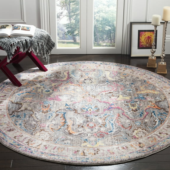 SAFAVIEH Bristol Calvagh Oriental Polyester Area Rug, Gray/Ivory, 7' x 7' Round