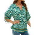 thumbnail image 3 of UVN Womens Summer Blouses Bohemian 3/4 Bell Sleeve Shirts for Women V Neck Flowy Casual Pleated Tops, 3 of 8