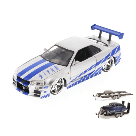 Diecast Car & Trailer Package - Fast & Furious Brian's Nissan Skyline GT-R, Candy Silver - Jada Toys 97216 - 1/24 Scale Diecast Model Toy Car w/Trailer