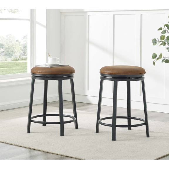 360° Swivel Stools Set of 2 Modern Counter-Height Stools with Brown Fabric Seat & Black Metal Frame
