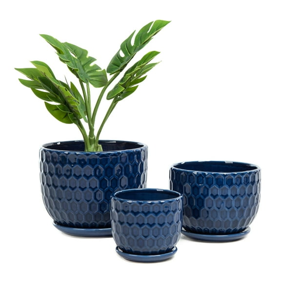 Nattol Ceramic Flower Pots with Drainage Hole and Saucer, North European Style Round Indoor Succulent Planters with Honeycomb Inspired Texture Design, Small to