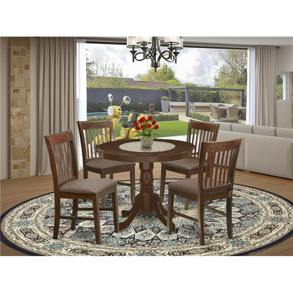 36 in. Antique Round Kitchen Table & Four Linen Fabic Seat Chairs - Mahogany, 5 Piece