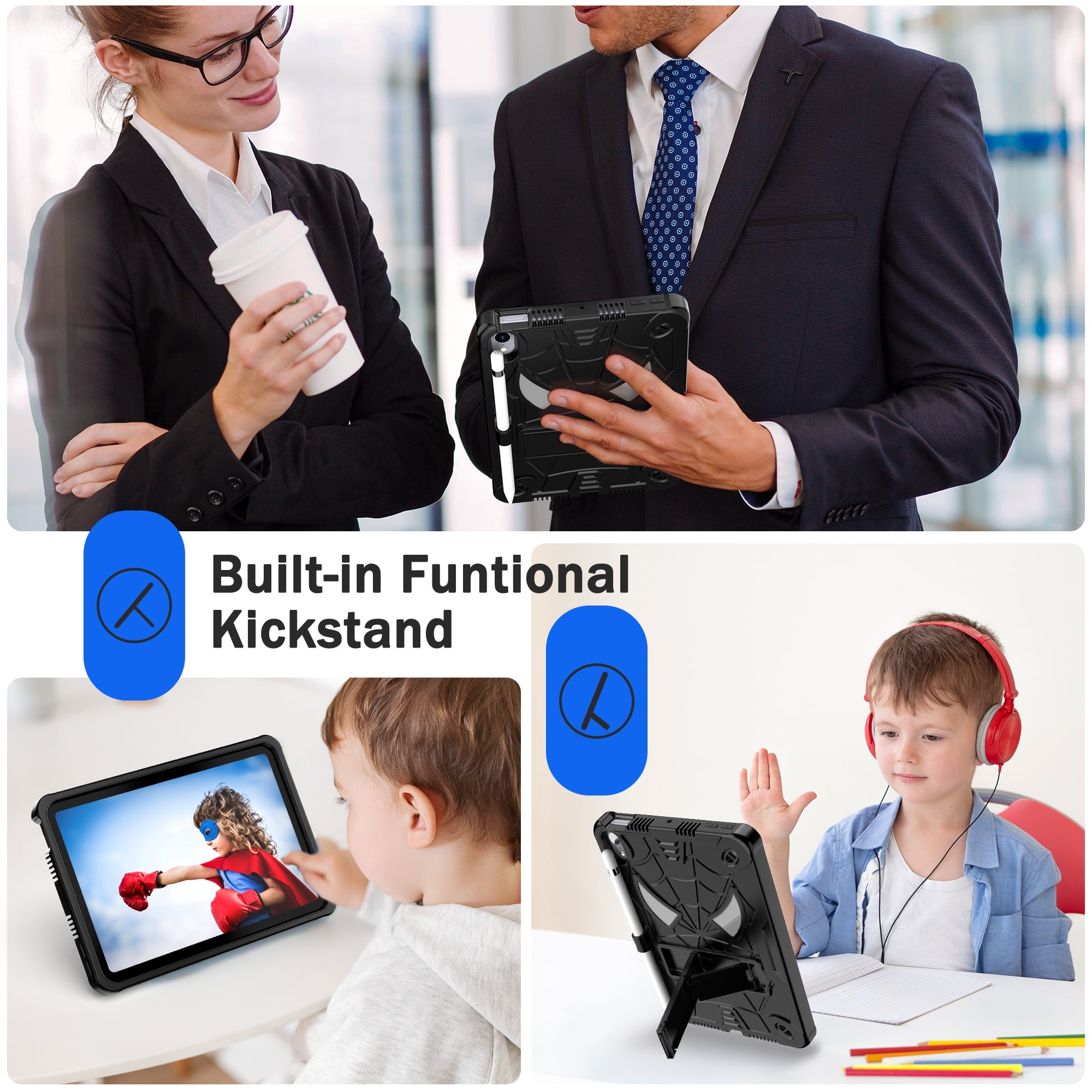 TECH CIRCLE for iPad Mini 8.3" (A17 Pro), iPad Mini 6 (8.3") 3-Layer Rugged Shockproof Case with Shoulder Strap, Built-in Kickstand, Pencil Holder, Cute Spider Heavy Duty Tablet Cover, Black